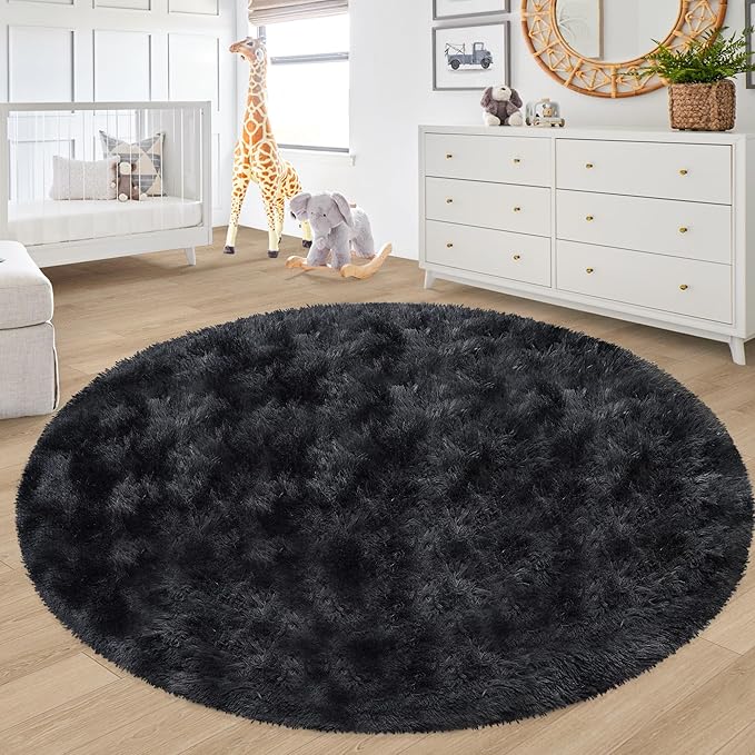7 ft Round Fluffy Large Black Rug for bedroom,Tie Dyed Furry Round Carpet Non Slip Fuzzy Shaggy Plush Circle Big Area Rug for living room Room Nursery Room Playroom Kids Room Home Decor Washable