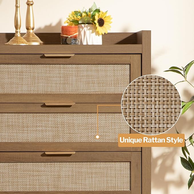 SICOTAS Dresser for Bedroom Chest of Drawers 46" Tall Dresser for Closet with 5 Rattan Drawers Boho Nightstands Set of 2 Large Clothes Storage Cabinet TV Stand for Living Room Hallway Nursery Entryway