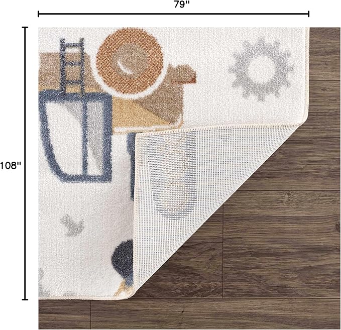 Hauteloom Mochi Kids Room, Nursery Machine Washable Area Rug - Construction Vehicles Machines - Cream, Brown, Beige - 6'7" x 9'