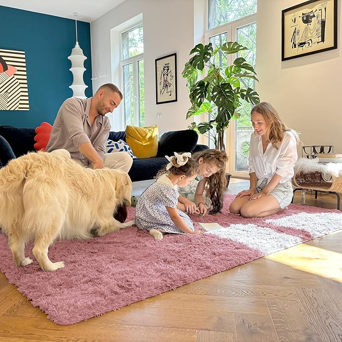 OLANLY 8x10 Machine Washable Large Area Rugs for Living Room, Bedroom, Soft Fluffy Shaggy Bedside Rug, Indoor Floor Carpet for Kids Girls and Boys, Dorms, Nursery, Home Decor Aesthetic, Pale Pink