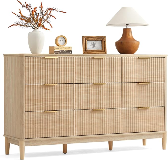 LINSY HOME Fluted Dresser for Bedroom with 9 Drawers, 58" Wide Mid Century Modern Dresser, Tall Boho Chest of Drawers, Large Wood Accent Storage Cabinet for Living Room, Curved Profile Design, Oak