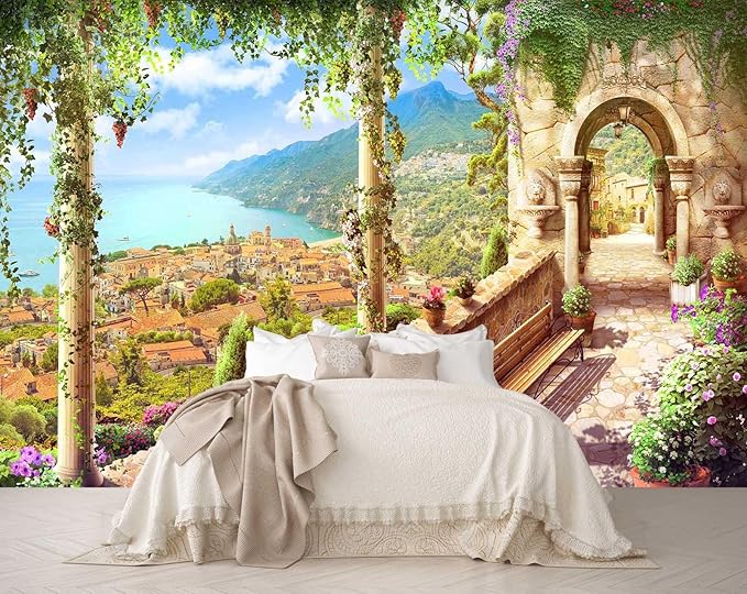 Beautiful Castle Wall Mural Overlooking The Forest and Mountains by The Lake, Italian Style Wallpaper for Interior Wall Decoration（Not Peel and Stick）