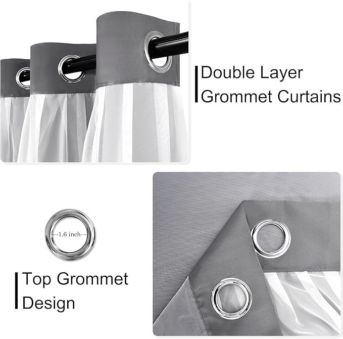 XWZO 100% Blackout Double Layer Curtains, Blackout Curtains with Sheer Overlay for Living Room, Children's Room, Grommet Thermal Insulated Privacy Curtains with Tiebacks, 2 Panels, 52x108, Grey