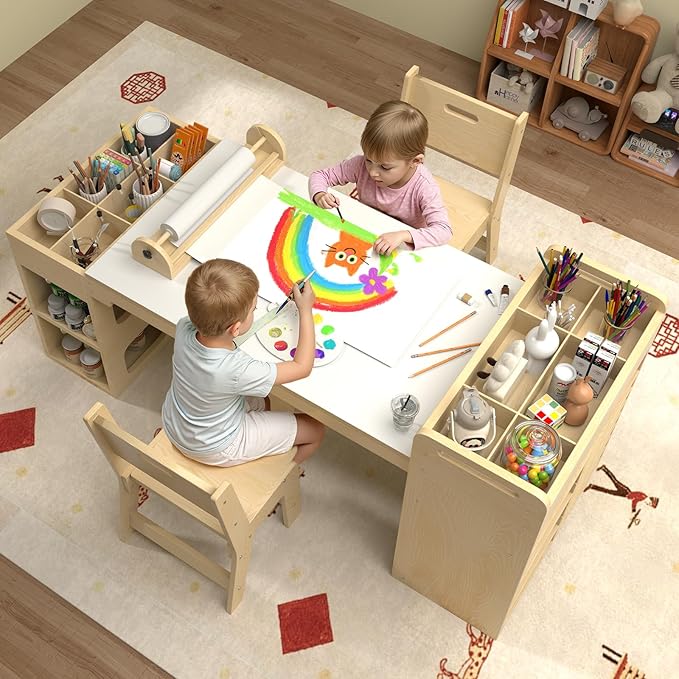 50″Lx22″W Kids Art&Craft Table and 2 Chairs Set, Portable Supply Organizer and Paper Roll Dispenser, Art Desk and Craft Table for Kids, Toddler Activity and Coloring Tables with Storage(White)