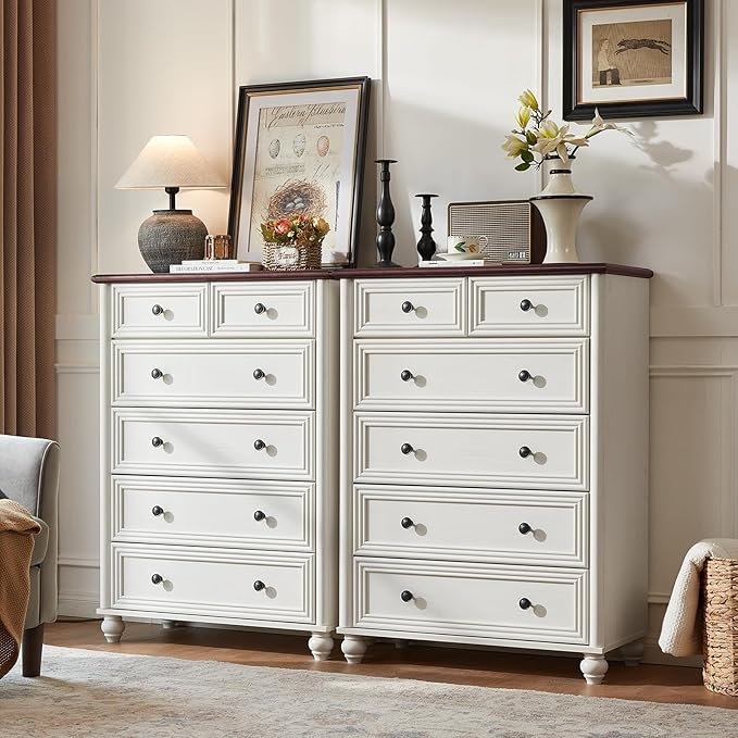 Farmhouse 6 Drawer Dresser, Chest of Drawers for Bedroom, 43.5" Tall Wood White Kids Dresser with Roman Column and Metal Handles, Storage Dressers Organizer for Living Room, Hallway, Closet