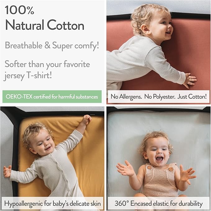 Pack and Play Sheets Fitted – Compatible with 4moms Breeze Plus Playard and Other Large Playpen Mattress – Snuggly Soft 100% Jersey Cotton – Beige + Rusty Brown – 2 Pack