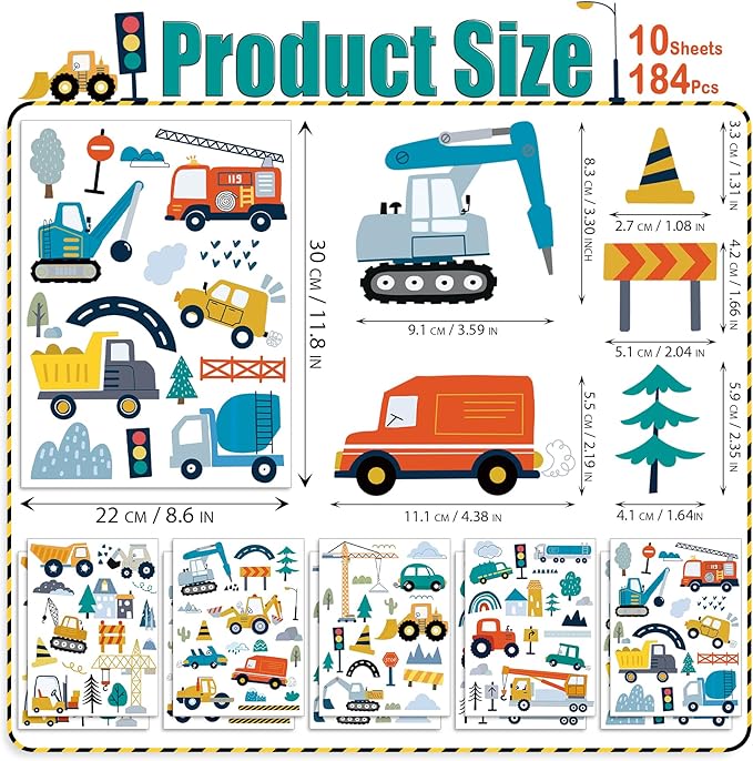 Construction Vehicles Wall Decals, 10 Sheets Truck Tractor Excavator Crane Vinyl Wall Stickers Peel and Stick Construction Stickers for Boys Bedroom Playroom Wall Art Decorations