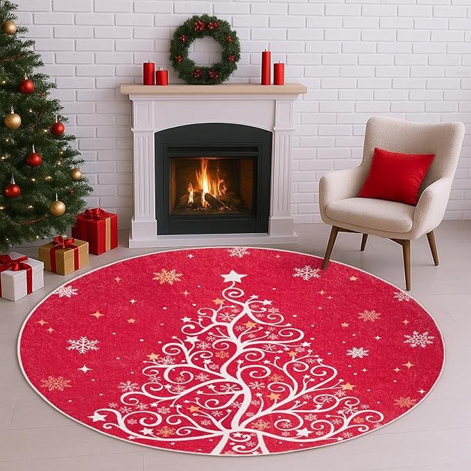 4' Machine Washable Christmas Round Area Rug, Non-Slip Vintage Floral Circle Floor Rugs for Kids, Low Pile Room Carpet for Living Room, Bedroom, Dining Room & Nursery(4' Christmas Tree)