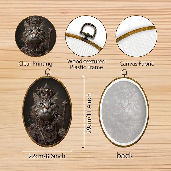 Hiuwevt Vintage Cat Oval Wall Art Decor, Cat Framed Canvas Prints, Moody Dark Academia Kitten Oval Wall Hanging Decor for Home Bedroom Living Room Decorations, 8.6x11.4 Inches