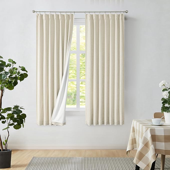 Pinch Pleated Blackout Curtain Panel with Full Blackout Liner Window Treatment Sets with Back Tab for Farmhouse Living Room Bedroom Thermal Insulated Drape with Hooks, 40"x72"x2, Sand/Linen
