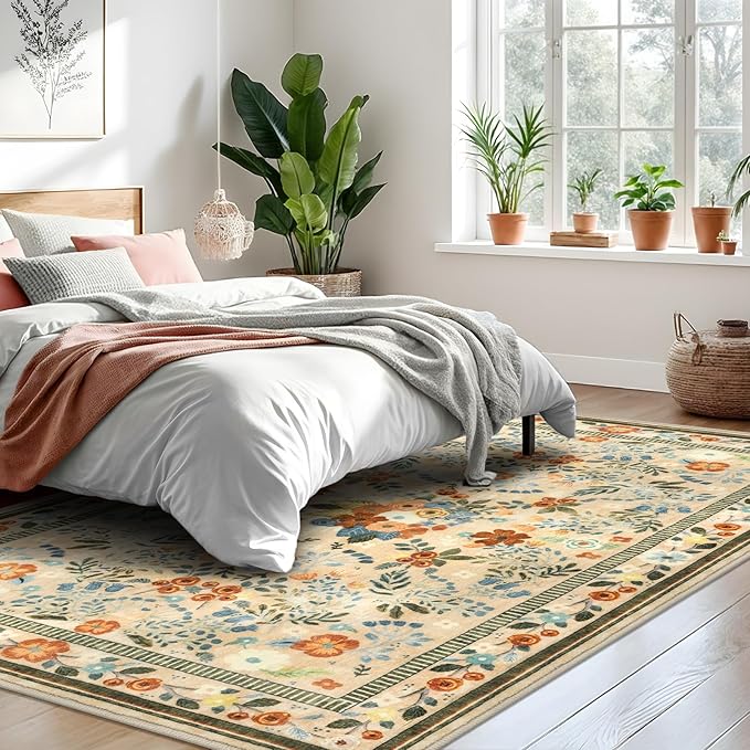 Rugs for Living Room 5x7, Machine Washable Non-Slip Thin Area Rugs, Boho Vintage Floral Soft Bedroom Carpet Rug for Home Indoor Dining Room, Beige/Multi