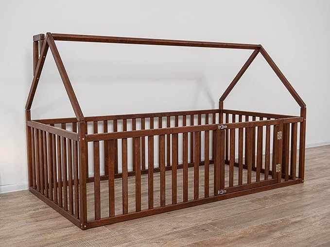 BUSY WOOD House Wooden Playpen - Montessori Floor Bed with Safe Gate - Toddler Bed - Floor Bed - Frame with Fence and Door - Toddler Bedroom Furniture - Full, Twin, Queen, King Size (Model 6)