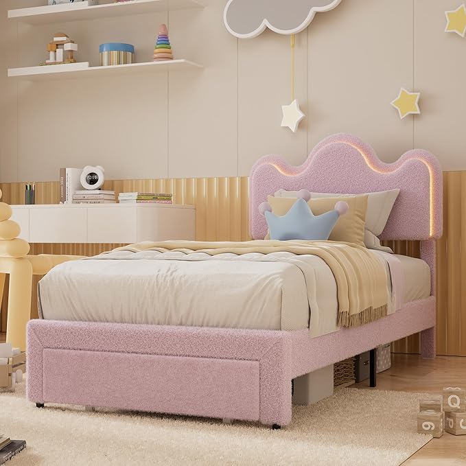 Twin Upholstered LED Bed Frame with Storage Drawers Girls Bed with Flower Headboard Boucle Princess Platform Bed Frame for Kids/Girls Strong Wood Slat Support,No Box Spring Needed,Easy Assembly