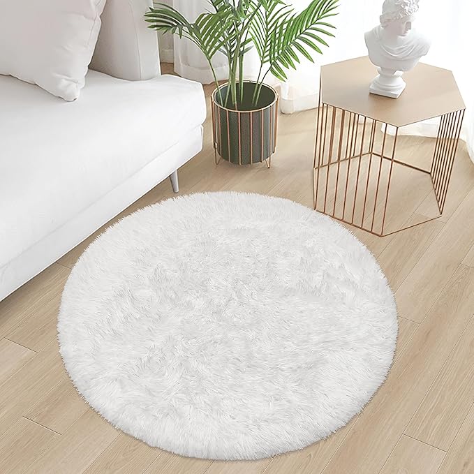3 ft Small White Round Rug for Bedroom,Tie Dyed Soft Shaggy Circle Rug Fluffy Plush Round Carpet for Kids Girls Boys Room Baby Nursery Living Room Playroom Home Decor