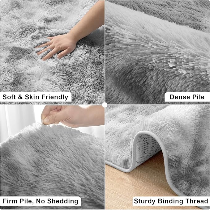 Merelax Soft Modern Indoor Large Shaggy Rug for Livingroom Bedroom Dorm Kids Room Home Decorative, Non-Slip Plush Fluffy Furry Fur Area Rugs Comfy Nursery Floor Carpet 9x11 Feet,Tie-Dyed Light Grey