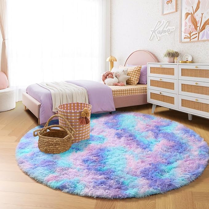 Amdrebio Purple Rainbow Round Rug 4Ft for Bedroom Girls Room Decor, Mermaid Stitch Frozen Kids Rugs for Playroom Nursery Dorm, Fluffy Furry Cute Shag Carpet, Kawaii Circle Area Rugs for Baby Toddler