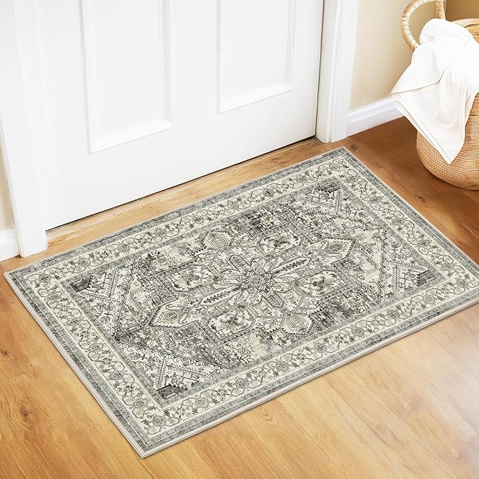 WITSHOCK Indoor Door Mat, Entrance Mat 2x3 Machine Washable Non Slip Backing Mat Soft Foldable,Vintage Rugs Mats, Inside Floor Mat Doormat, Brown Lvory