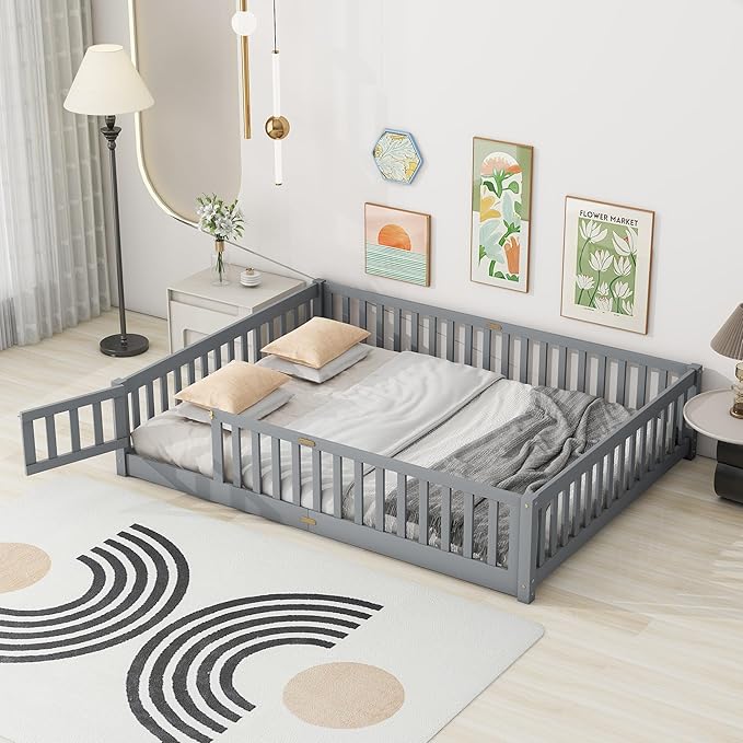 Queen Size Floor Bed for Kids, Wood Montessori Floor Beds with Fence Railings, Door & Slats Support, Queen Playhouse Bed Frame for Boys Girls, No Box Spring Needed, Gray