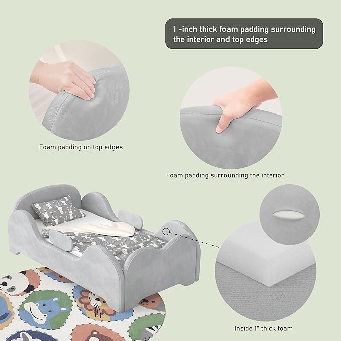 Toddler Bed, Toddler Flood Bed with Extra Safety Broad, Standard Crib Size for Kids, Certified Fabric Toddler Beds, Low to Floor Design (Grey)