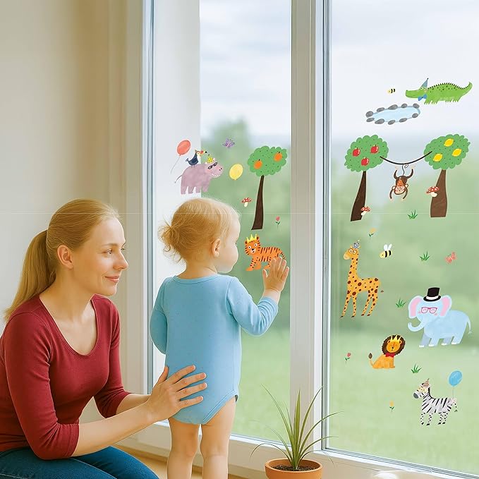 Safari Jungle Animal Wall Decals, 56-Piece Vinyl Stickers with Giraffe, Lion, Elephant, Tiger, Monkey, Trees & Accessories – Waterproof, Removable, Reusable for Living Room, Bathroom, Party Decor