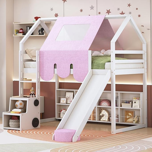 Playhouse Design Twin Size Wood Loft Bed with Slide and Tent, Low Loft House Bed Frame with Storage Shelves and Removable Car-Shaped Staircase for Kids Teens Boys Girls Bedroom (White-Pink)