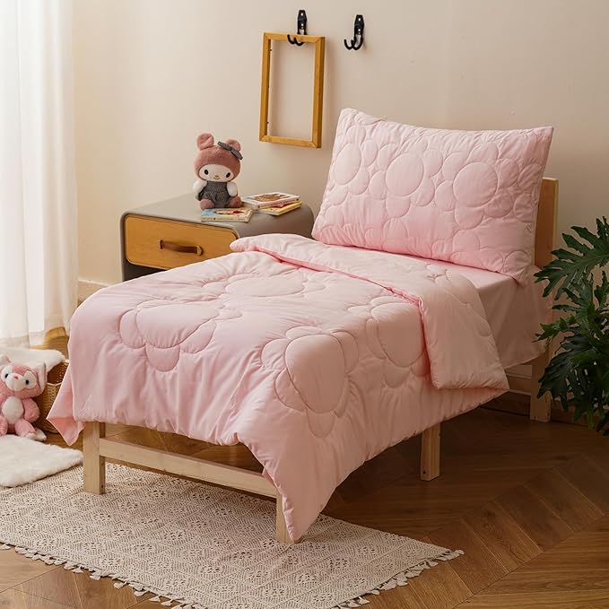 KAREVER Flower Toddler Bedding Set Botanical Print 4 Pieces Crib Bed Set Kids Pink Floral Comforter Set