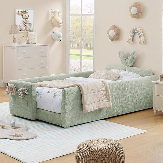 DEINPPA Twin Size Platform Bed Frame with Rabbit Ear Shaped Headboard and Pocket, Boucle Upholstered Bed Frame with Guardrail for Children Kids Boys Girls-Green