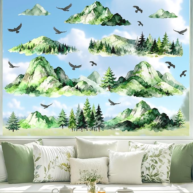 Mountain Tree Wall Stickers Watercolor Mountain Wall Decals Peel and Stick Flying Birds Woodland Green Pine Trees Wall Stickers Forest Mountains Decals for Bedroom Living Room Nursery Decor