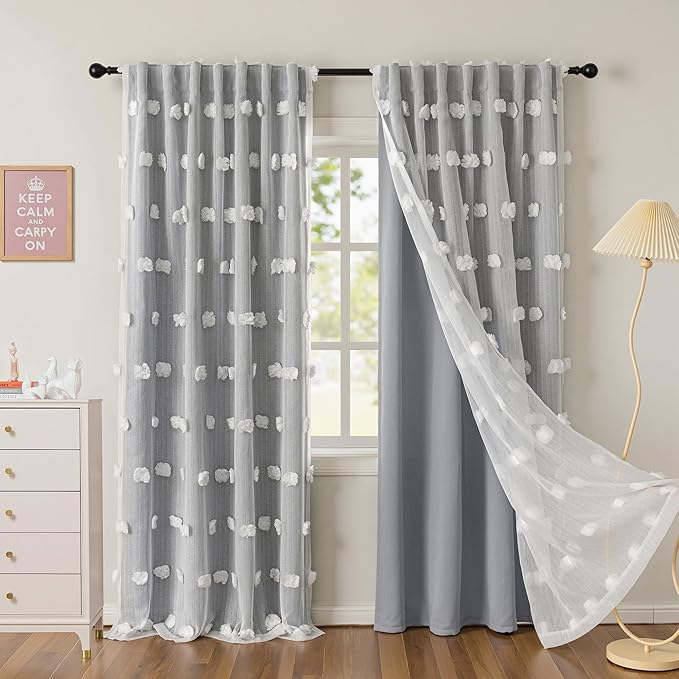 MYSKY HOME Grey Blackout Curtains for Kids Room Boys Bedroom 84 Inch Long Double Layer Curtain with White Pom Pom Sheer for Dining Room Back Tab Room Darkening Window Drapes 2 Panels, 52 x 84 in