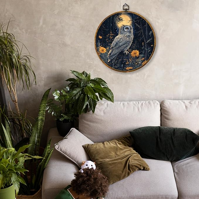 Hiuwevt Moonlight Floral Owl Round Wall Art Decor, Dark Academia Cottagecore Framed Canvas Prints, Whimsical Gothic Owl Round Wall Hanging Decor for Office Home Room Decorations, 10x10 Inches