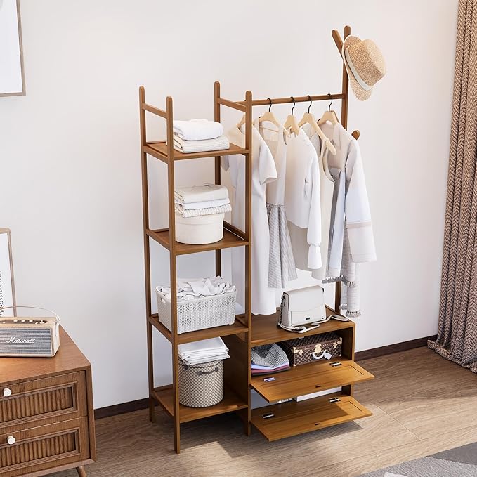 Garment Rack with Drawers,Cute Clothing Rack,Bamboo Clothes Rack,Clothes Rack Hanging,Solid Thickened Clothes Racks with Shelves (31.5inch Width Tawny)