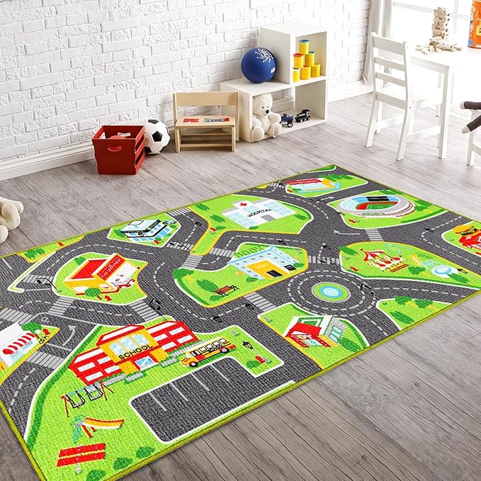 Booooom Jackson Car Rug City Life Great for Kids Toy Cars, Play Learn and Have Fun Safely - Kids Rug Baby Children Educational Road Traffic Play Mat for Bedroom Play Room Game Safe Area(39.37X79 Inch)
