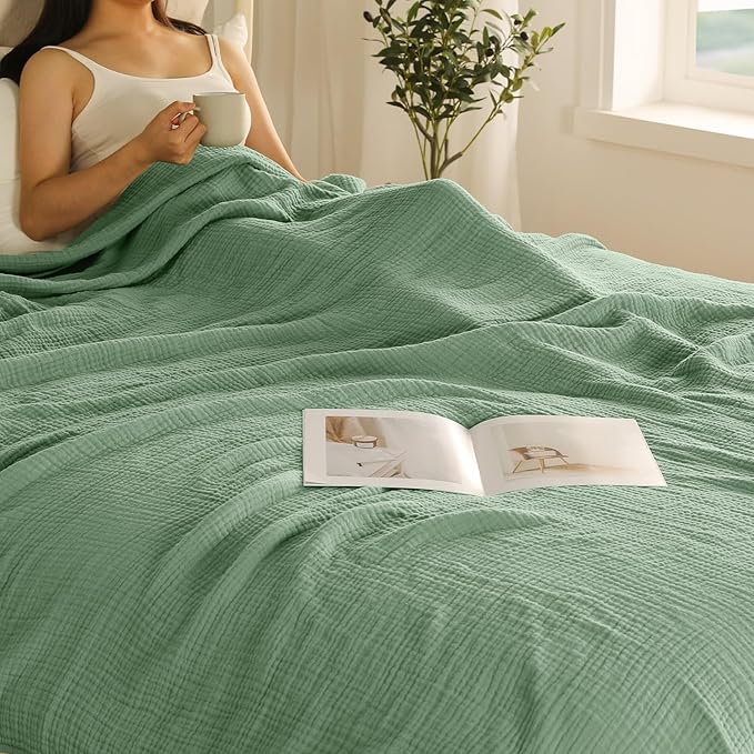 100% Cotton Muslin Blanket Queen Size 90" x 90" for Bed Couch Summer Gauze Blanket for Adults Lightweight and Breathable Dark Green