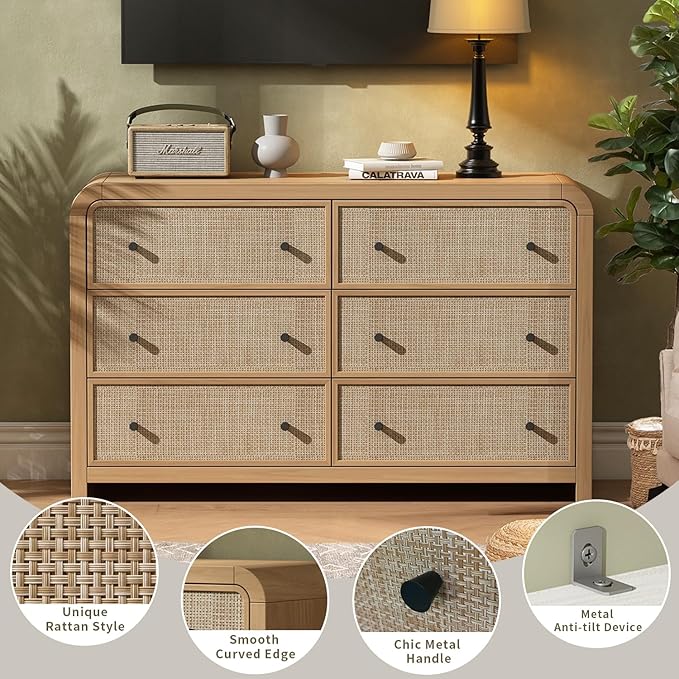 Oak&Sparrow 6 Drawer Dresser for Bedroom, 49'' Rattan Dresser with Ample Storage, Boho Chest of Drawers, Thickened Curved Profile Design, Oak Dressers for Bedroom, Living Room
