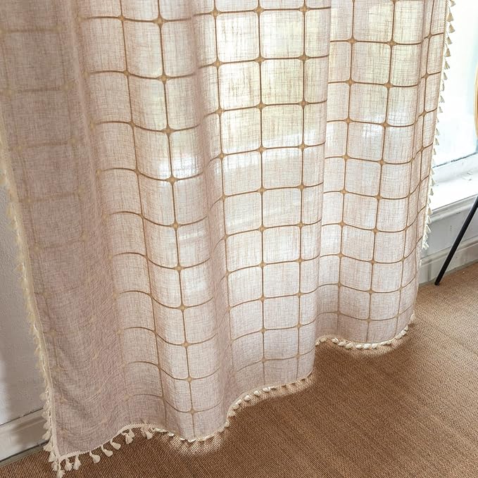 Deeprove Boho Curtains 84 Inches Long for Bedroom, Cotton Linen Light Brown Plaids Embroidery Semi Blackout Bohemian Aesthetic Window Treatment Grids Drape Tassels, 1 Panel W52 x L84 Tan