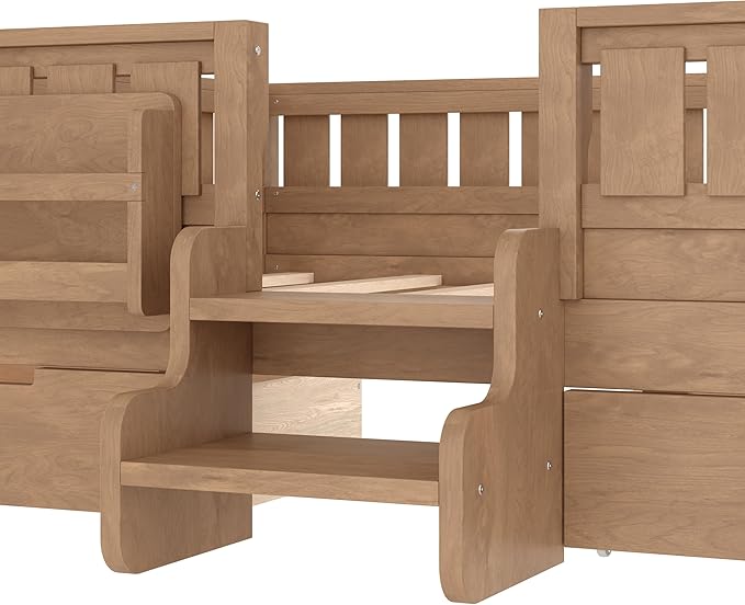 Bellemave Full Size Kids Bed with high Rails and with Built-in Bookshelf and Drawers for Kids, Girls, Boys, Wood Montessori Bed Without Door, Natural