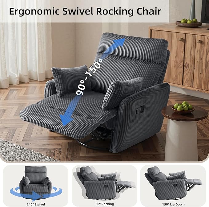 Swivel Recliner Chair for Adults, Corduroy Nursery Glider Rocking Chair, Armchair with 2 Pillows, Comfy High Back Reclining for Small Spaces, Nursery Bedroom Living Room (Corduroy Gray, 1 Pack)