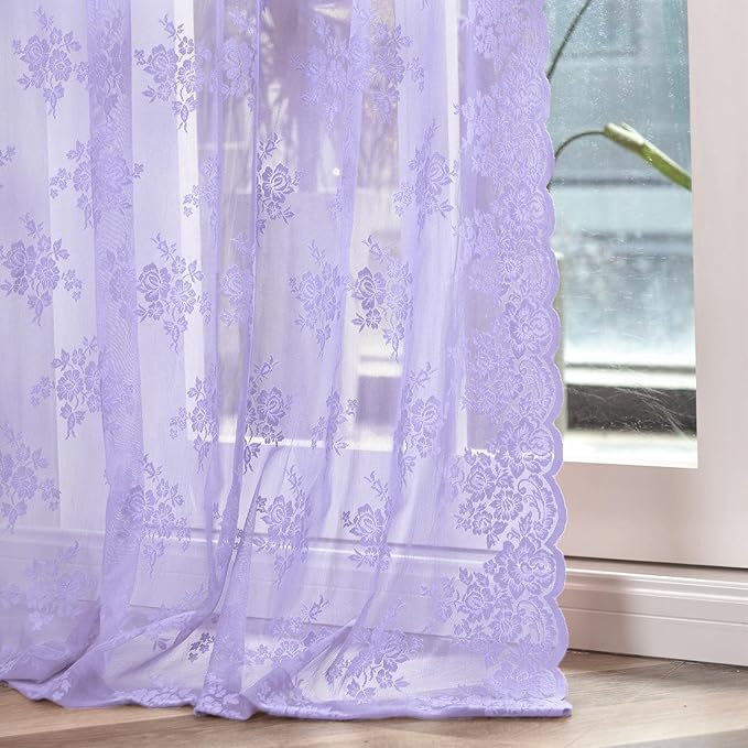 Kotile Purple Lace Curtains 96 Inches Long 2 Panels Rustic Floral Cottagecore Lavender Sheer Curtains for Living Room Decor, Rod Pocket Privacy Light Filtering Sheer Window Drapes, 52 x 96 Inch