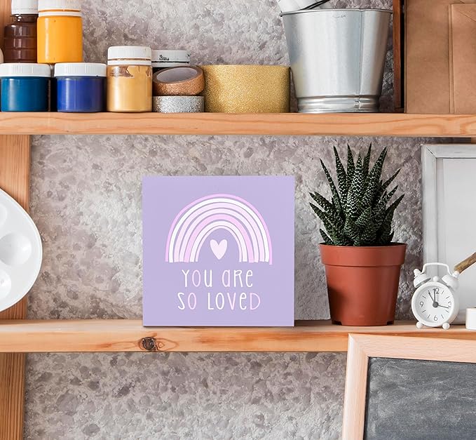 SRADMO You Are So Loved Rainbow Heart Wood Box Sign Desk Decor, Purple Kids Inspirational Quotes Wooden Block Box Sign Decoration for Kids Room Nursery Playroom Shelf Table Decorative Accessories