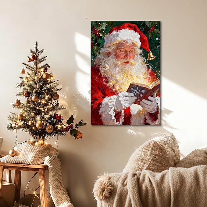 YONICA Christmas Canvas Wall Art Reading Santa 36x46 Inch Oil Painting with Glowing Book and Holly - Large Framed Gallery Wrapped Library Decor