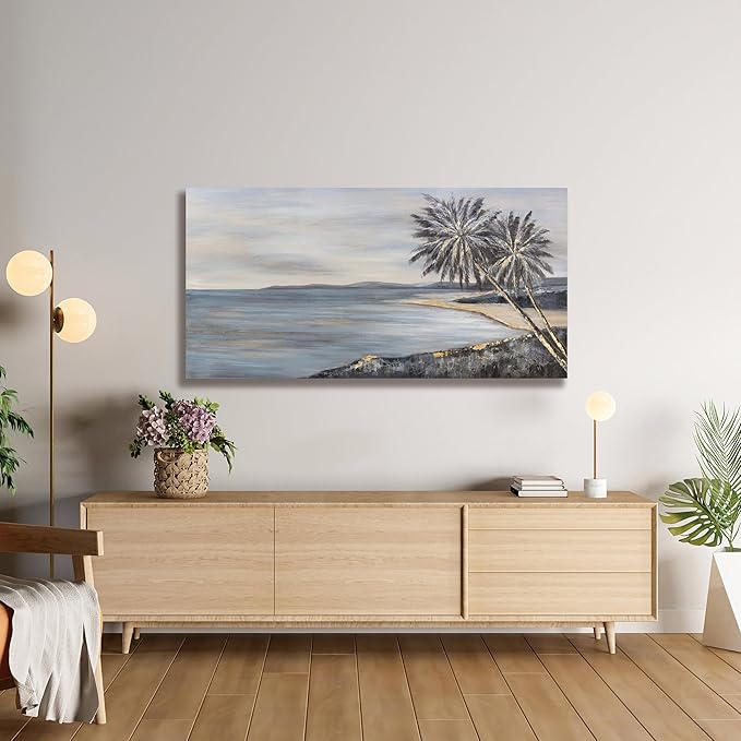 Yuaxker Ocean Wall Art Black and Gold Blue Art Canvas Painting Modern Ocean and Coconut Tree Wall Decor Artwork for Living Room Bedroom Dining Room Office Home Decor 30x60 inch