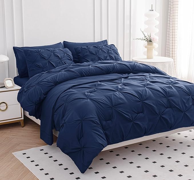 LANE LINEN Twin XL Comforter Set, 5 Piece Twin XL Bedding, Pintuck Twin XL Bed in a Bag, Twin XL Bedding Comforter Sets, Twin XL Bed Comforter Set with Sheets, Pillowcase & Sham, Bed Set - Navy Blue