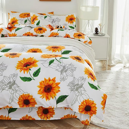 Brandream Duvet Cover Full/Queen Size 3 Pieces Boho Sunflower Farmhouse Floral Girl Women Floral Bedding Duvet Cover Set Super Soft Breathable with Zipper Closure & Corner Ties(Yellow White)