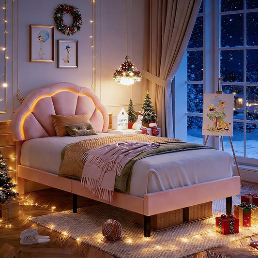 HIFIT Twin Upholstered Smart LED Bed Frame with Adjustable Chic Petal Headboard, Princess Twin Size Platform Bed Frames for Kids/Girls, Wooden Slats Support, No Box Spring Needed, Easy Assembly, Pink