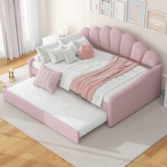 Bellemave Full Size daybed with Trundle for Adults, Kids, Girls, Teens, Full Size daybed with Trundle for Living Room, Velvet, Pink