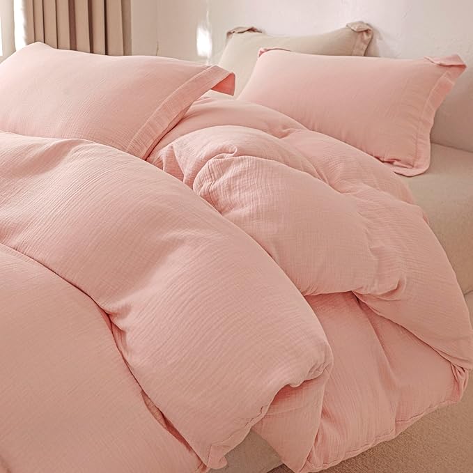 MorroMorn Muslin Duvet Cover Queen Size, 100% Breathable Cotton Comforter Cover Sets, Ultra Soft 2-Layer Gauze Duvet Cover Set 3 PCS with 2 Pillowcases, Lightweight Linen Like, 90"x90", Pink