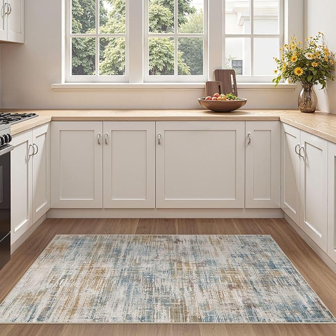 Area Rug for Living Room: 3x5 Washable Neutral Abstract Modern Soft Rugs Non Slip Indoor Floor Stain Resistant Carpet for Bedroom Dining Room Office Nursery - Blue Brown