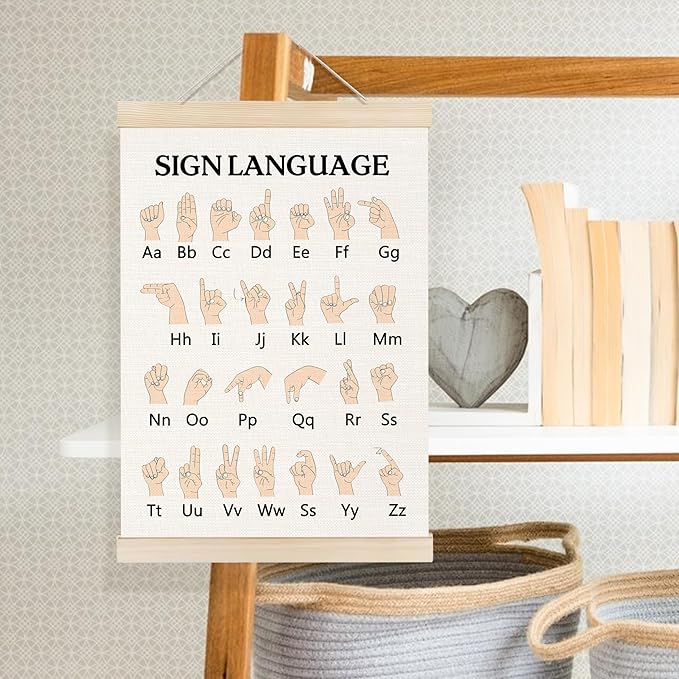 Welshower Sign Language Alphabet Poster Hanger Frame, ASL Alphabet Special Educational Wall Art Prints Decor for Classroom Toddler Kids Bedroom Nursery Playroom Framed, 12x16 Inch