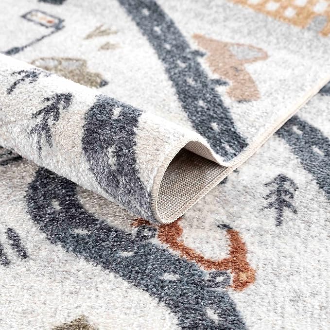 Hauteloom Mave Road Rug for Kids, Toddler Room, Nursery, Playroom, Classroom- Machine Washable - Cream, Red, Blue, Gray - 7'10" x 10'