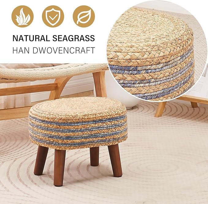 Cpintltr Round Ottoman Natural Seagrass Footstool Hand Weave Water Hyacinth Poufs Eco Friendly Sofa Foot Stool Soft Step Stool Padded Foot Rest with Pine Legs for Living Room (Blue and Primary)